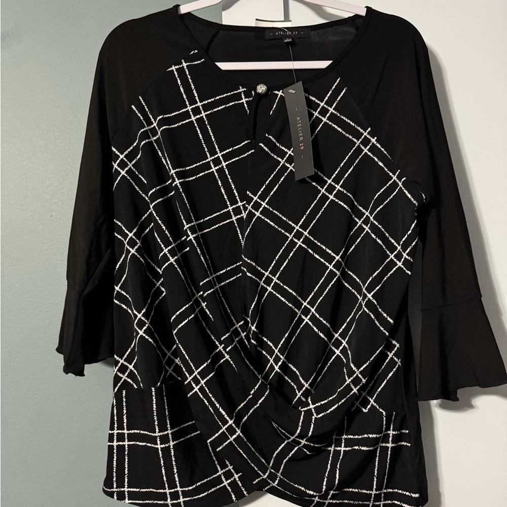 Atelier29  Black & White Grid Drape Front Women's Top